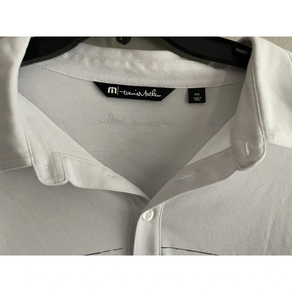 Travis Mathew Polo Collared Shirt White Blue Striped Mens 2XL Short Sleeve Golf